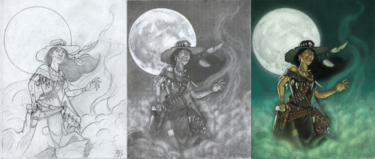 progression clip from drawing to final painting of "Witch"